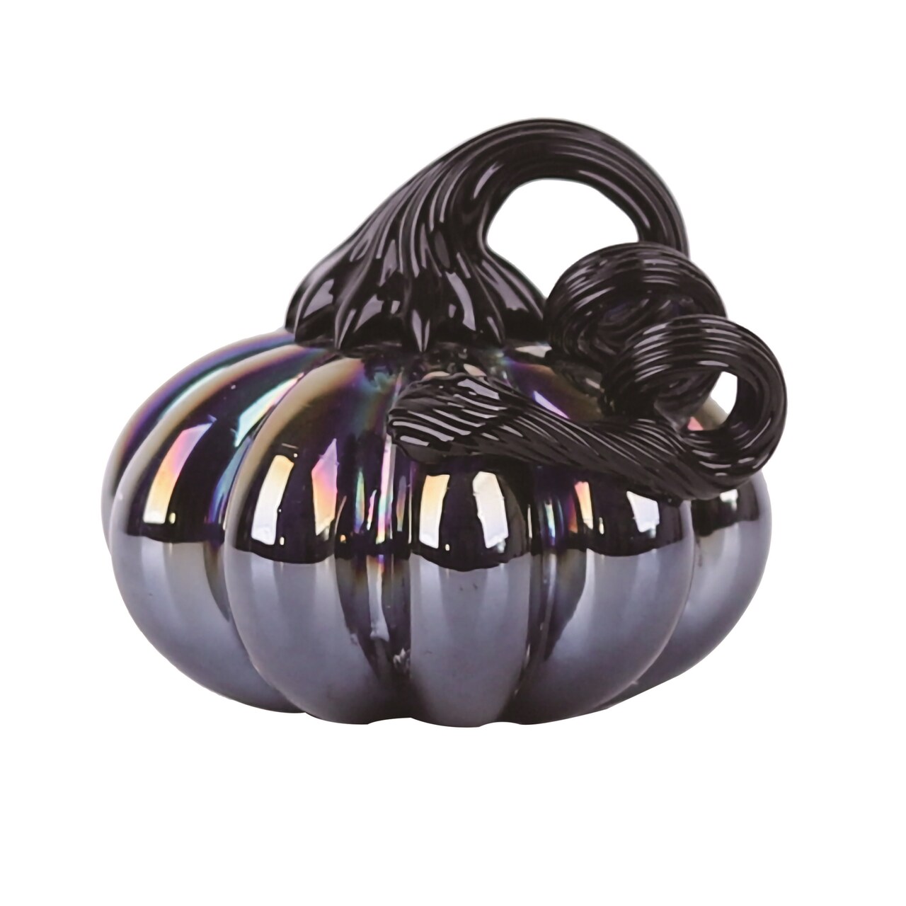 Transpac Black Halloween Glass Oil Slick Pumpkin Figurine, 3.93" Decorative Object, Indoor Tabletop Decor, Spot Clean, 3.15" Height